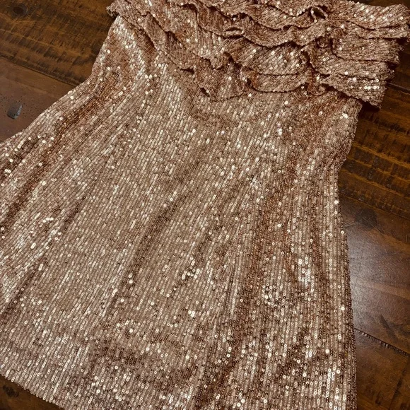 🥂Free People New Frida Ruffle Mini Dress Sequined Bronze 6 Cocktail Party - Picture 4 of 13